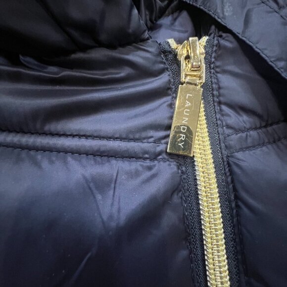 Laundry by Shelli Segal Asymettrical Packable Puffer Jacket Navy/Gold Sz L - Picture 8 of 14
